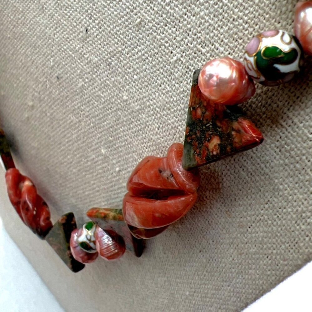 Handcrafted Unakite Pink Opal Pink Pearls & Cloisonné Beads Necklace. B50 - Picture 15 of 16